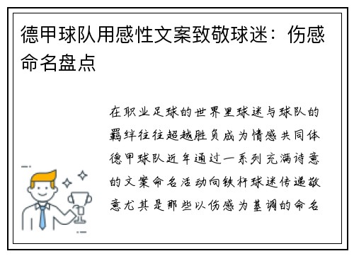 德甲球队用感性文案致敬球迷：伤感命名盘点